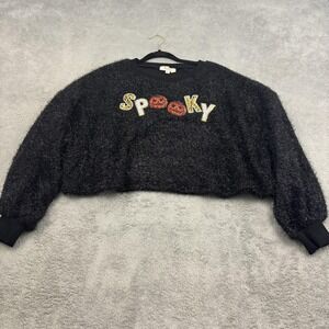 Peach Love California Fuzzy Spooky Halloween Cropped Sweater Womens S Black